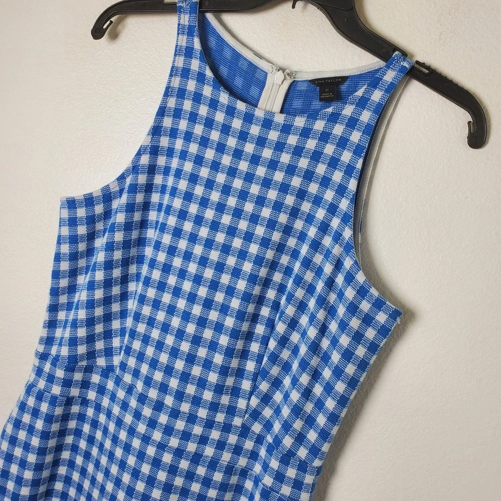Ann Taylor Blue & White Gingham Check Sleeveless Sheath Dress Size 2 Tall Summer